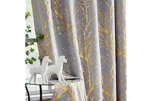 Fmfunctex Grey Gold Blackout Curtains for Living Room 90 inch Drop Eyelet Curtains for Bedroom Tree Branch Foil Thermal Insulated Window Curtain Panels 2 Panels