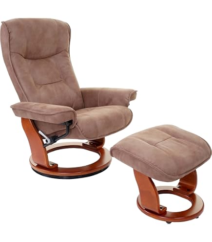 Poltrona Relax Robas Lund In Vera Pelle Con Pouf – Girevole 360° E Schienale Regolabile (Naturale/Noce) - 3