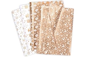 Larcenciel 60 Fogli Carta Velina Natalizia,Carta Velina per Imballaggio Babbo Natale Fiocco di Neve Campanelle Bastone Renna Piuma,Rosa Oro,Confezioni Regalo per Natale, Capodanno,Feste,DIY,50x35cm