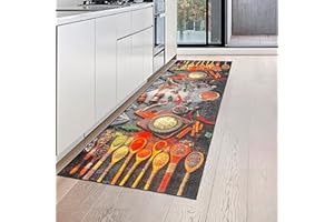 ‎TEPPICH-TRAUM Teppich-Traum Küchenläufer mit rutschfestem Gelrücken waschbar mit Kochlöffeln und bunten Gewürzen, 80 x 200 cm