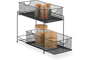 Relaxdays Küchen Organizer mit 2 Ausziehkörben Organizador Armario Cocina, 2 Cestas Extraíbles, Estante de Metal, Baño, 32 x 19 x 35,5 cm, Negro, Acero