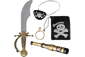 BALINCO Set pirata 5 pezzi composto da sciabola + benda sull'occhio + orecchino d'oro + telescopio + borsa con teschio - Set di costumi per carnevale/Carnevale