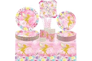 ENCETARDE Decorazione della festa delle fate 40 persone, stoviglie per feste di fata, piatti da dessert, bicchieri, tovaglioli, cannucce per feste di compleanno rosa con fata e fiori, principessa farfalla (40)