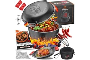 KESSER® Dutch Oven 2in1 Gusseisen Topf 4,8L und Pfanne 1,8L einsatzfertig eingebrannt Inkl. Kochbuch Schmortopf Doppelfunktion Deckel/Bratpfanne für Küche Camping Garten BBQ Backen Gasgrill, Schwarz