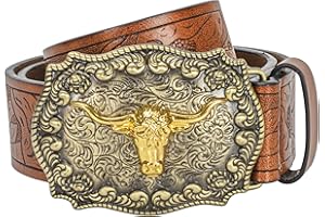 JowTreex Western Leather Buckle Belts - Cowboy Longhorn Bull Pattern Buckle Belt Floral Engraved Buckle Belt for Men Women