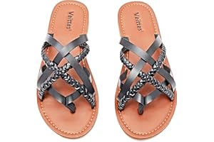 Veittes Sandalias planas para mujer - Moda Slip On Trenzado Puntera Tanga Tiras Primavera Verano Zapatos.