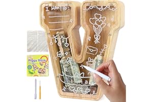 Lakpopya Salvadanaio in Legno Grand per Bambini Adulti Salvadanaio Lettre Personalizzato di A-Z con Area di Destinazione Salvadanaio Apribile Trasparente per Decorazione Regalo Battesimo (V)