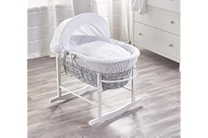 ELEGANT BABY White Dimple Grey Wicker Moses Basket with Chester White Rocking Stand, Adjustable Hood, Fibre Mattress & Padded Liner