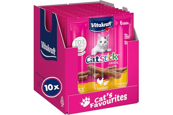Vitakraft Cat Stick Classic, golosinas para gatos, stick carnoso, con ave e hígado, tamaño de almacenamiento, sin azúcar añadido (10x 36g)