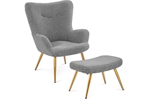‎YAHEETECH Yaheetech Ohrensessel mit Hocker Polyester-Bezug, Fernsehsessel Armlehnensessel Polstersessel Relaxsessel Cocktailsessel Teddy-Plüsch Stilvolles Design Grau
