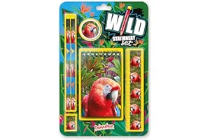 Zestaw Wild Stationery - papuga deluxebase. Te zabawne zestawy przyborów szkolnych obejmują 2 ołówki, gumkę, temperówkę, linijkę i zeszyt, zestaw artykułów piśmienniczych