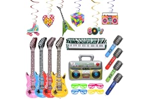 CHARFIA 20PCS Inflatable Party Props, Inflatable Guitar Microphones Piano Musical Instruments Accessories Party Favors with Hanging Swirls, Rock Star Toy Balloon Photo Booth Props 80s Disco Party Decoration