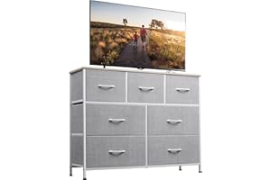 ‎WLIVE WLIVE Kommode mit 7 Schubladen aus Stoff, Kommodenschrank für Schlafzimmer, Kommode Wohnzimmer, mit Stabiler Stahlrahmen, Holzplatte, Hellgrau