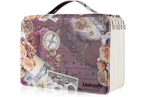 Shulaner Trousse 250 emplacements avec 5 Compartiments Fermetures à glissière, Style rétro Rangement Stylo Organisateur Sac, Étanche PVC 250 Pencil Case - Violet