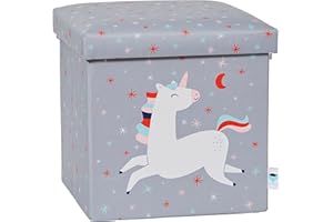 LOVE !T STORE !T LOVE IT STORE IT - Pouf Contenitore Bambini Ultra Resistente Pieghevole Rinforzi Legno - 35x35x35cm - Fantasia Unicorno Grigio