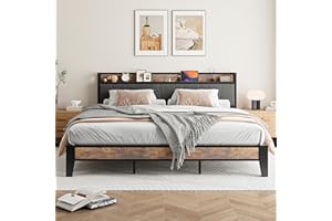 IRONCK Super King Bed Frame with Storage Shelf Upholstered Headboard, Platform Bed Frame with Charging Station, Metal Bed Frame/UnderBed Storage, Enhanced Support Noise Free, Vintage Brown+Grey