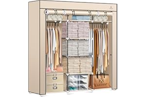 KESSER® Kleiderschrank Stoffschrank Stabil mit Kleiderstange & Ablagen, Inkl. 5X Kleiderbügel, Stoff Faltschrank für Schlafzimmer, Ankleidezimmer Garderobe mit Kleiderständer 150x45x175cm Beige
