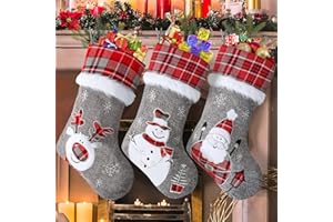 LOMOHOO Weihnachtsstrümpfe 3er Set 18 Zoll große bestickte Weihnachtsstrümpfe mit Weihnachtsmann, Schneemann, Rentier 3D Weihnachtssocken für Kamin Weihnachtsfeiertag Dekorationen,Grau