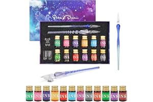 Belle Vous Kit Calligraphie 16 Pièces - 2 Stylos Plume en Verre, Porte-Stylos, Bouteilles d'Encre & Flacon Vide - Ensemble pour Débutant & Adulte - 12 Encres Couleurs Variées 7 ml