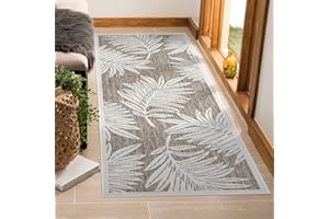 payé Outdoor Teppich Wetterfest - 80x150cm Läufer - Beige Weiß - Pflanzen Muster - Teppiche für Terrasse Balkon Garten Indoor