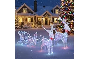 YITAHOME 2-Deer & Sleigh Christmas Reindeer Set with 150 RGB LEDs & RF Remote, Pre-Lit Light Up Deer Decoration Set with Detachable Antlers and Neck for Indoor & Outdoor Holiday Display