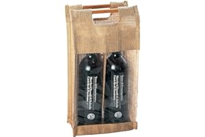 MIRAMAI Borsa Portabottiglie in Tela Juta Eco-friendly con Manici in Bamboo e Finestra in Pvc Trasparente, Sacchetti Buste Eleganti Resistenti per Bottiglie di Vino Spumante Champagne (Naturale, 2 bottiglie)