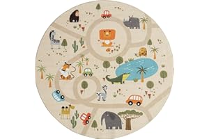 ‎THE CARPET the carpet Happy Life – Kinderteppich Spielteppich mit Straßen‑Motiv, Dschungel, Tiere & Autos, rutschfest & pflegeleicht, ideal fürs Kinderzimmer, Rund, Beige, 160 x 160 cm