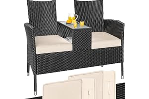Casaria® Gartenbank Sitzbank inkl. Auflagen Wetterfest Polyrattan 320kg Belastbar Tisch Ablage UV-beständig Garten Balkon Bank 2-Sitzer 143x55cm Schwarz