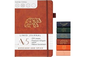 AVOCADO & SPICE Notebook A5 Lined by Avocado and Spice® - Hardback A5 Journal Notebook - Faux Leather Notepad - Bookmark, Elastic Strap, Pen Holder, 200 Thick Pages (Brown, Lined)