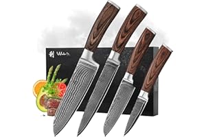 Wakoli EDIB 4-teiliges Küchenmesser Set aus Damaststahl (VG10 Kern) in edler Geschenkbox – Scharfes Damastmesser Set mit Pakkaholzgriffen – Messerset mit 2x Santoku, Fleischmesser & Officemesser
