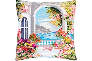 mediterran. Kreuzstich-Set Kissenbezug 40,6 x 40,6 cm. Home Decor, DIY Stickerei Nadelspitze Kissenbezug Vorderseite bedruckte Gobelin-Leinwand, europäische Qualität Italien, Malerei, Meer