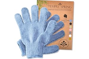 TEMPLE SPRING Exfoliating Gloves - Bamboo Shower Gloves - Bath and Body Exfoliator Mitts - Scrubs Away Ingrown Hair and Dead Skin - Natural Eco Microfibre Bath Gloves - Cornflower Blue