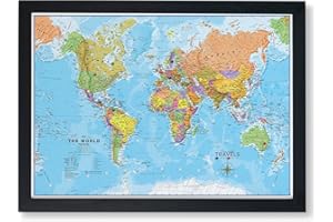 Framed Push Pin World Travel Map - Canvas Pin Board Black Frame with 100 Pins - Travel Map Pin Board Gift - Maps International