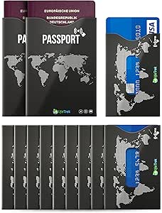 RFID Blocker Schutzhüllen TÜV Zertifiziert mit Sichtfenster für Karten und Reisepass (10+2 Set) Beste Sicherheit für Kreditkarten, Bank Hotel und EC-Karten Personalausweis vor Betrug (Passport)