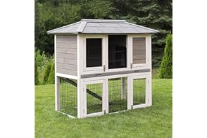 MY ANIMAL Miweba MyAnimal Hasenstall MH-28 | 116x63x116 cm - Kaninchenstall mit Freilaufgehege - Doppelstockhaus 2 Ebenen - Hasenkäfig - Imprägniert - Kaninchenkäfig Winterfest - Indoor und Outdoor (Grau/Weiß)