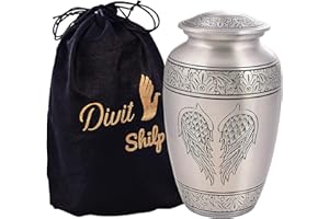 Divit Shilp Urna de cremación para cenizas humanas con bolsa de terciopelo, para adultos de hasta 100 kg (Silver Angel Wings, adulto)