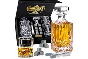 WHISISKEY Zestaw Karafka do Whisky - Zestaw Prezentowy Whiskey - Prezenty dla Mężczyzn - Pomysły na Prezent dla Mężczyzny - Klasyczna Karafka 700ML, 2 Szklanki do Whisky, 8 Kamienie do Whisky