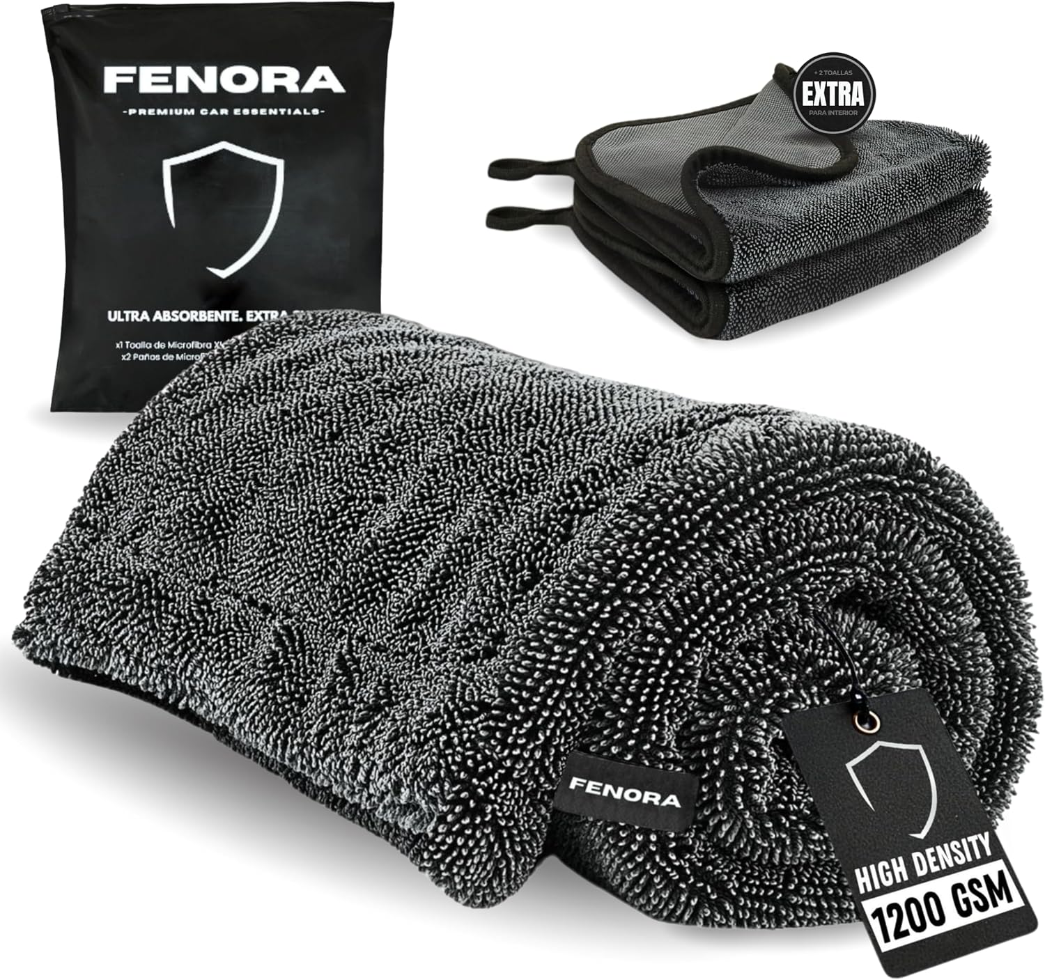 FENORA® Toalla Secado Coche 1200GSM (60×40cm) + 2 Paños Extra (30×30cm) + Bolsa Zip – Toalla Microfibra Coche Premium para Detailing Ultra Absorbente, No Raya
