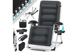 KESSER® Tumbona Plegable XXL, Resistente a la Intemperie, Capacidad de Carga 200kg, Tapizado Ergonómico, Respaldo Ajustable, Cojín Cervical, Portavasos y Cojín para Brazos, Basic - Negro