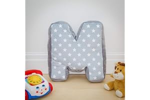 REPLICUSHION Alphabet Cushion M | Letter Pillow M | Decorative Nursery Bedroom Sofa Couch | Letter Shape | Personalised Initial | Grey Stars | Wedding Christening Gift