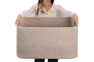 OIAHOMY 75L Large Blanket Basket, Woven Storage Basket with Handle, Cotton Rope Basket 22”x17”x12”,Blanket Basket Living Room, Toy Basket for Nursery, Brown variegated