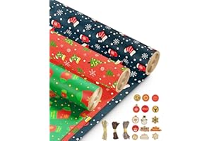 Kraft & Co – Christmas Wrapping Paper Rolls 3 Pack 69 cm x 8 m – Recycled and Eco Friendly Gift Wrap with 15 Tags and 3 Color Twine – Christmas Wrap Tear Resistant – Sustainable Packaging – 24 m Total