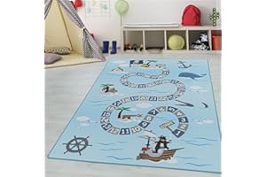 Teppium Tapis pour Enfants, Tapis d'apprentissage avec Chiffres et Motif Pirate, Lavable, pour garçons et Filles, pour Chambre d'enfant, Chambre de bébé Taille: 80 x 120 cm, Couleur: Bleu-2