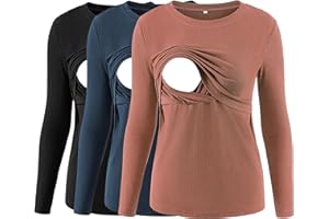 Love2Mi 3er Pack Damen Stillshirt Gerippte Langarm stilltops Doppellagige Umstandsmode Tshirt Umstandskleidung