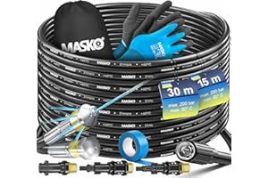 MASKO® Pipe Cleaning Hose Set, Drain Cleaner 15 m, 200 Bar Including Insulation Tape, Bag 3 Adapters 2 Nozzles, Compatible with Kärcher K2-K7 Lavor Pressure Washer, Universal Pipe Cleaning Set +