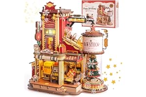 ROBOTIME Puzzle 3D fabryka prezentów drewniany model do zbudowania, zestaw do produkcji zabawek w stylu retro vintage, świecące drewniane puzzle z muzyką i 5 elfami dla dzieci dorosłych