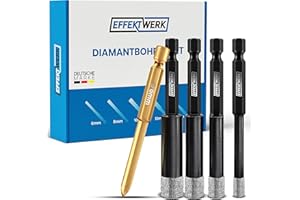 Effektwerk Zestaw wierteł do płytek do twardych płytek, wiertło diamentowe z chwytem sześciokątnym 6, 8, 10, 12 mm, do szkła, granitu, marmuru, porcelany, kamionki