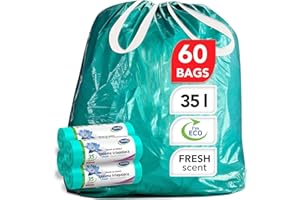 Stella pack Sac Poubelle Rectangulaire 35 litres 60 Sacs Résistants Écologiques Recyclables Parfum Frais Couleur Menthe Fermeture Cordon Ultra-Flexibles et Solides