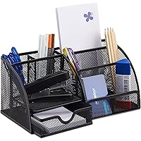 Relaxdays Schreibtischorganizer 6 Ablagen, kompakter Büroorganizer Metall, Schublade, Zettehalter, Stifteköcher, schwarz