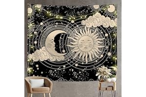 Arawat Wandteppich Sonne Mond Wandtuch Schwarz Gold Wandteppich Mond Sonne Wanddeko Psychedelic Teppich Gothic Wandteppiche Trippy Tapestry Wandtuch Wandbehang Boho Wand Deko (150 x 200cm)